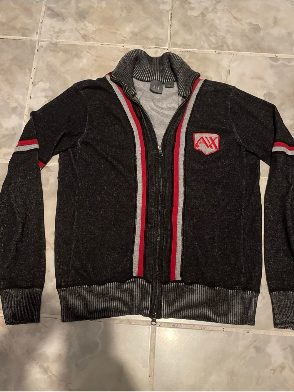 Vintage Armani Exchange Full Zip Sweater Mens S Black Acid Wash Mock Neck Retro